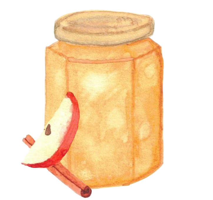 Une image d'un port de confiture pomme cannelle avec un quartier de pomme et un bâton de cannelle posé sur le côté