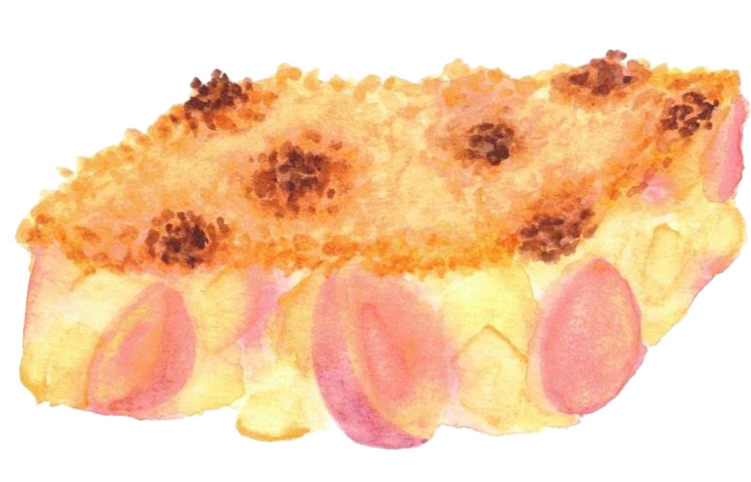 Illustration faite à l'aquarelle d'une part de crumble aux pommes et aux pruneaux 